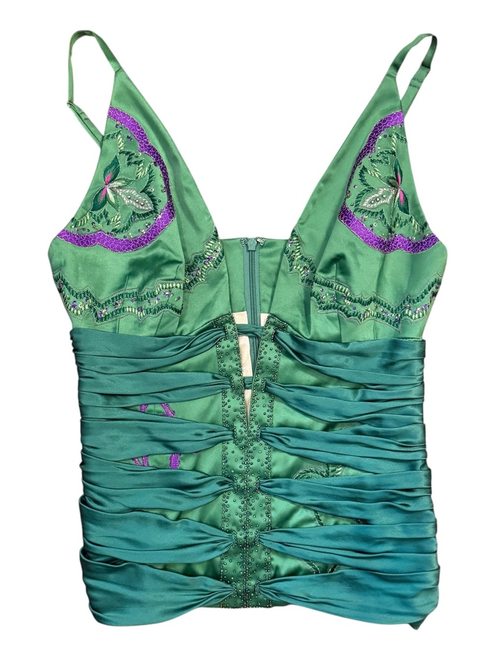 Archival 2005 Mandalay Jade Green Beaded Ruched Corset “SERPENT” Top
